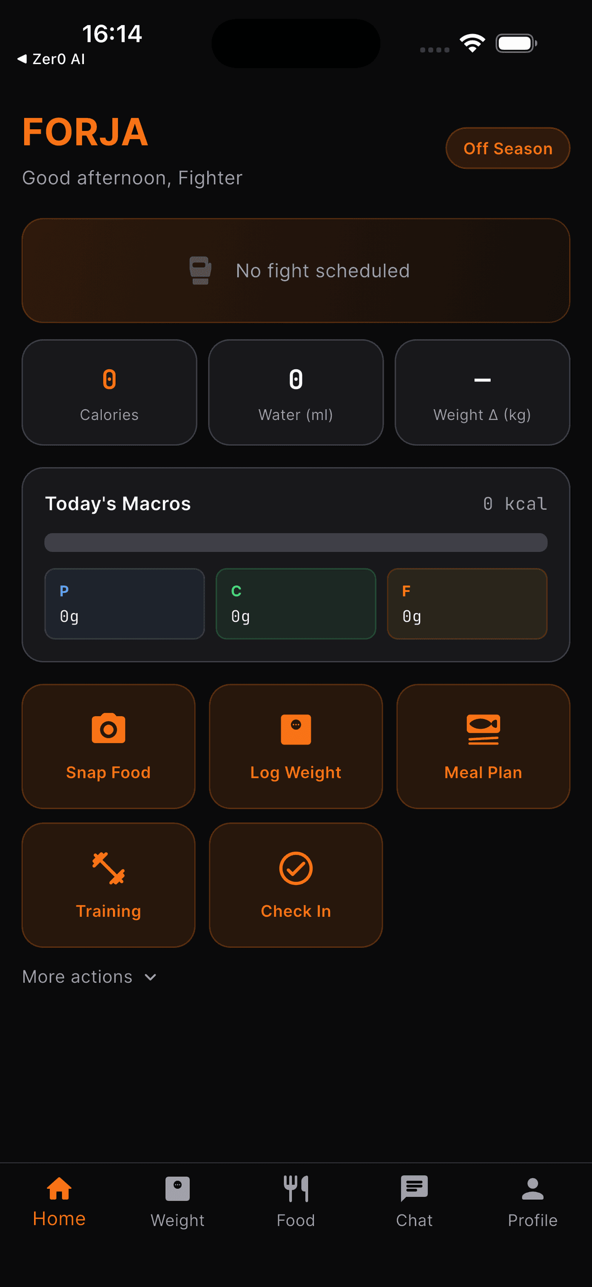 Fighter app home screen