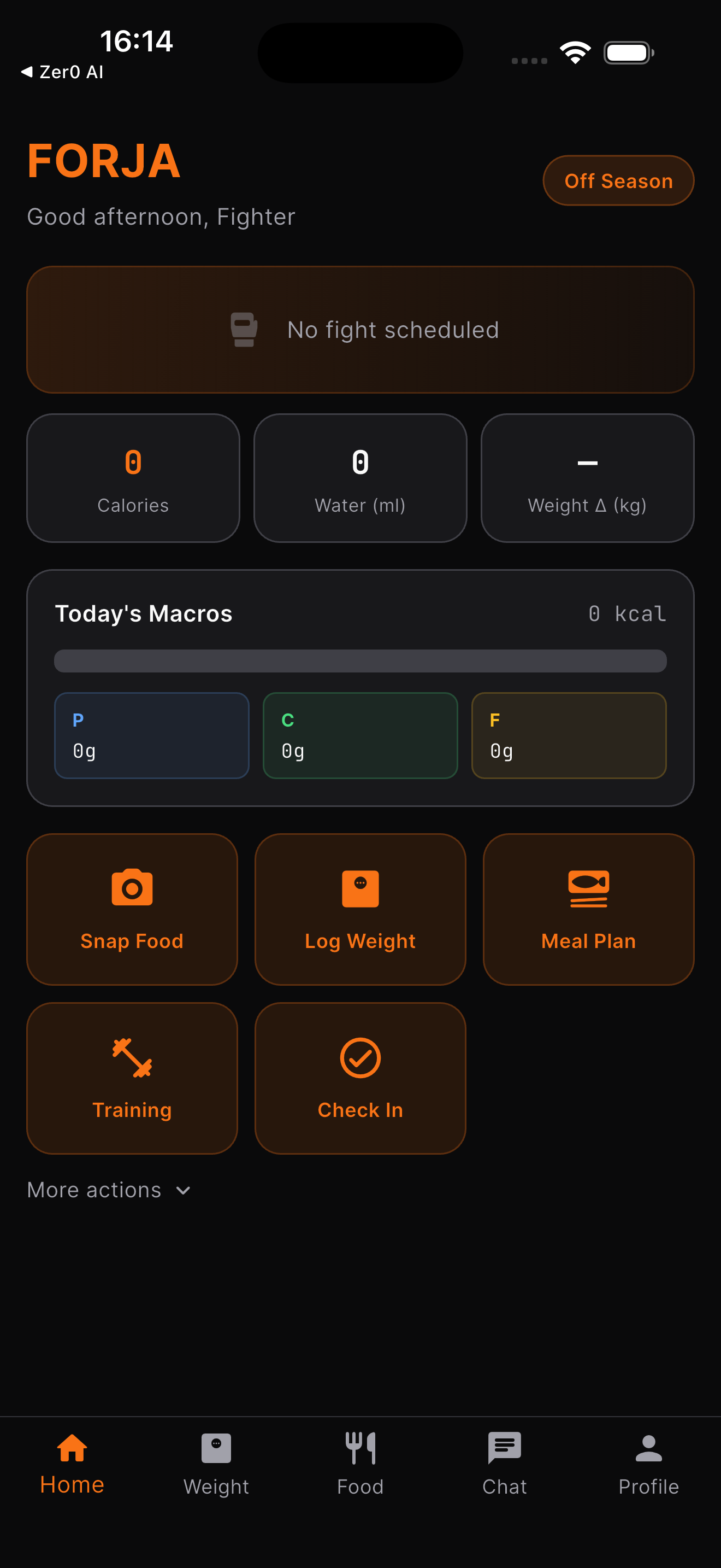 Fighter app home screen